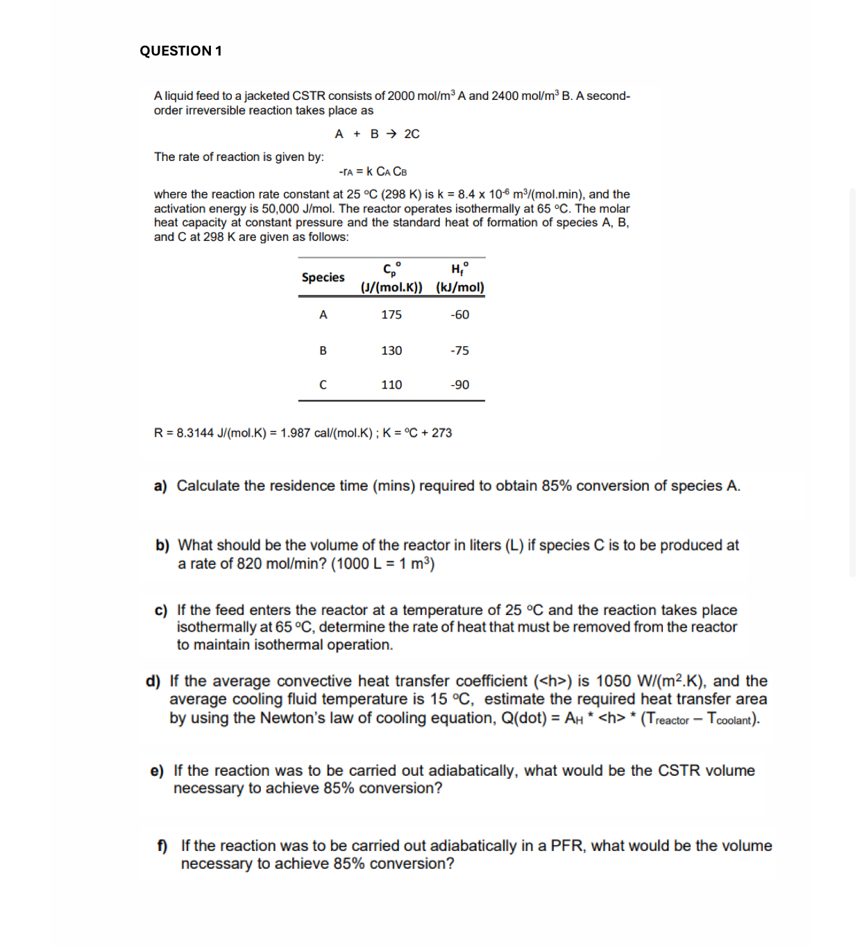  QUESTION 1 A liquid feed to a jacketed CSTR consists of