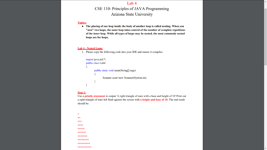 Java Language Lab 4 CSE 110: Principles of JAVA Programming Arizona State