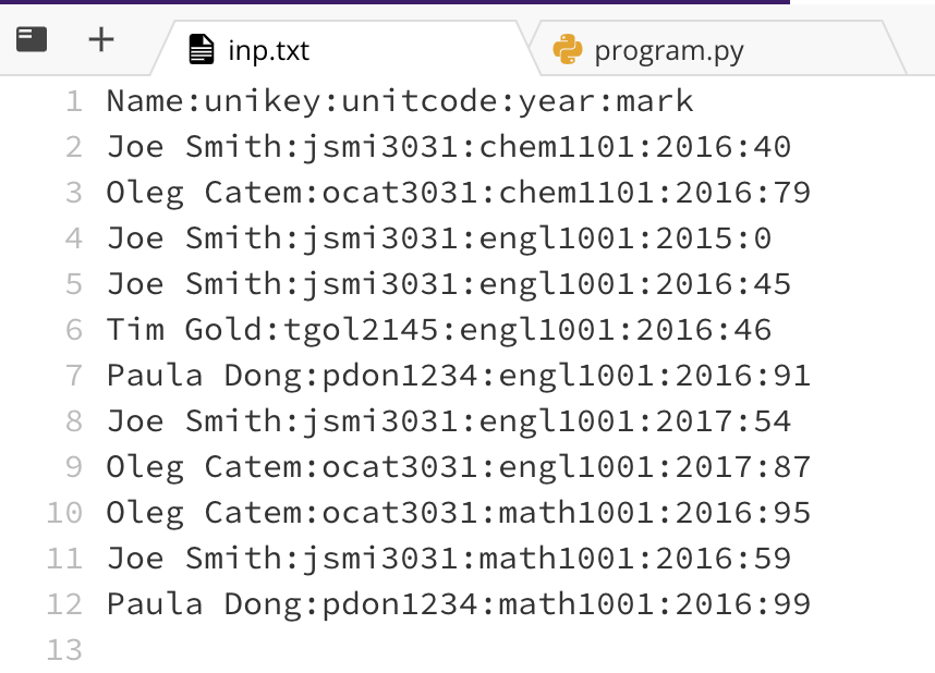  Write a Python program that processes a file called inp.txt whose
