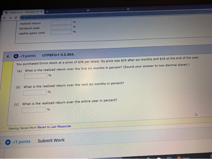  realized return dividend yield capital gains yield 4. + -/3 points