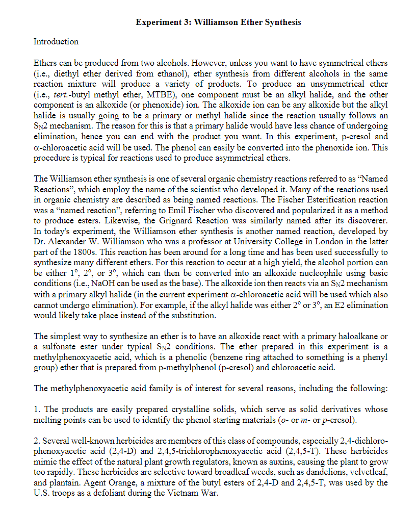 Experiment 3: Williamson Ether Synthesis Introduction Ethers can be produced from