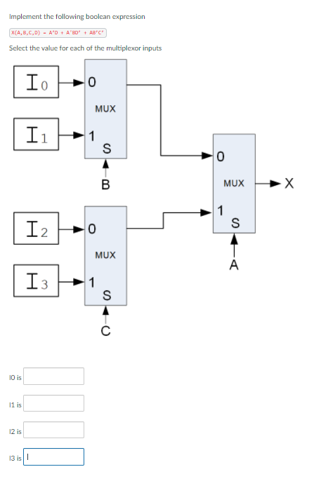 Implement the following boolean expression X(A,B,C,D). A'DA NO + ABC Select