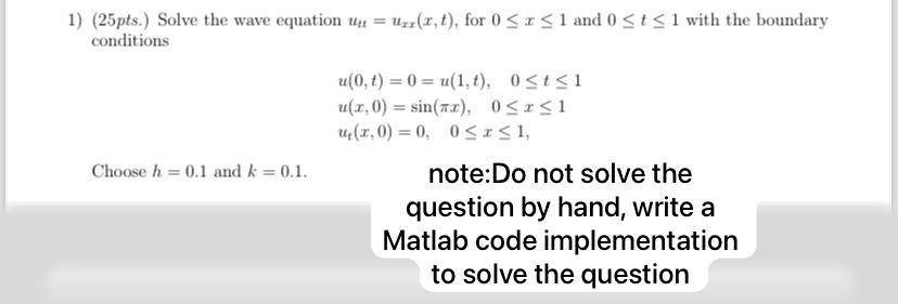  (25pts.) Solve the wave equation utt=ux(x,t), for 0x1 and 0t1 with