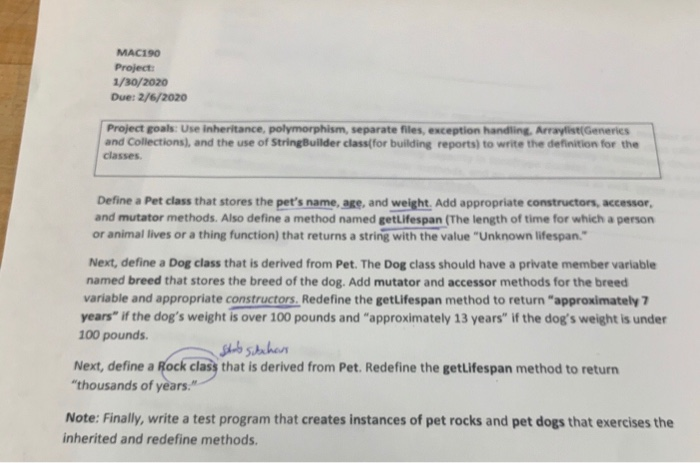  Java language. Create 6 classes: Main) Dog) Pet) Rock) StringUtil) (to