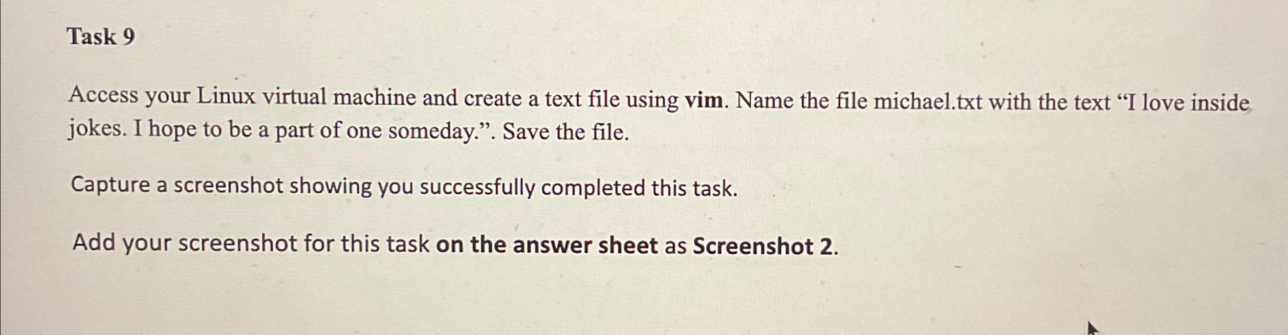  Task 9 Access your Linux virtual machine and create a text
