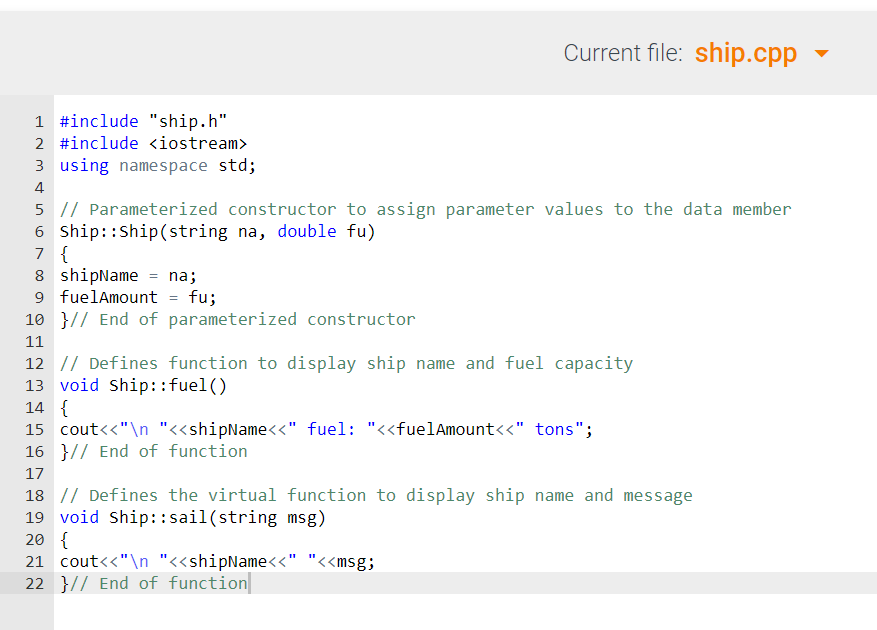 seven files for this program: ship.h ship.cpp cruiseship.h cruiseship.cpp cargoship.h cargoship.cpp main.cpp