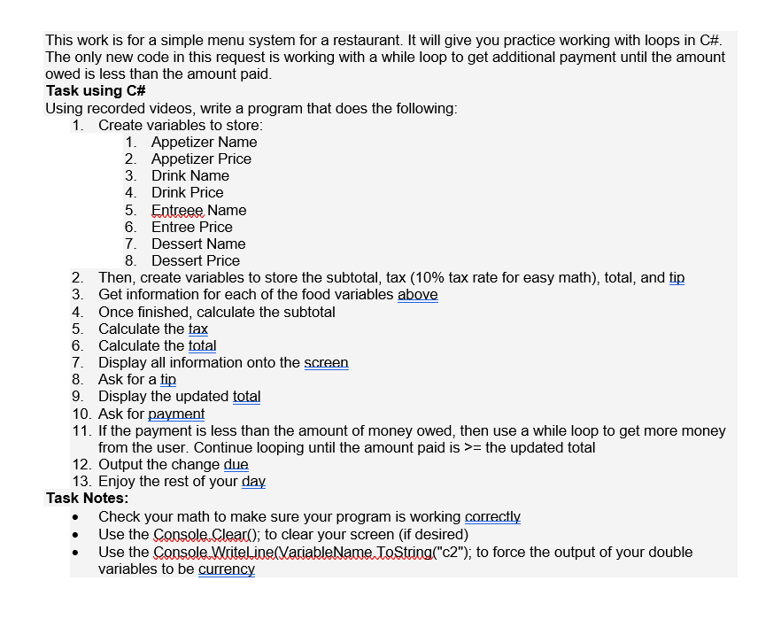 This work is for a simple menu system for a restaurant.