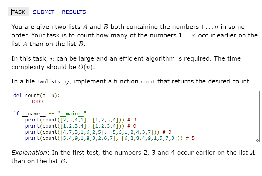  SUBMIT | RESULTS You are given two lists A and B