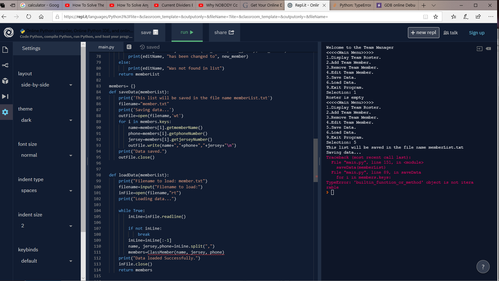 Hi, my Python program launches but gives a type error from my