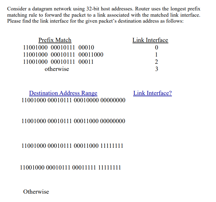  Consider a datagram network using 32-bit host addresses. Router uses the