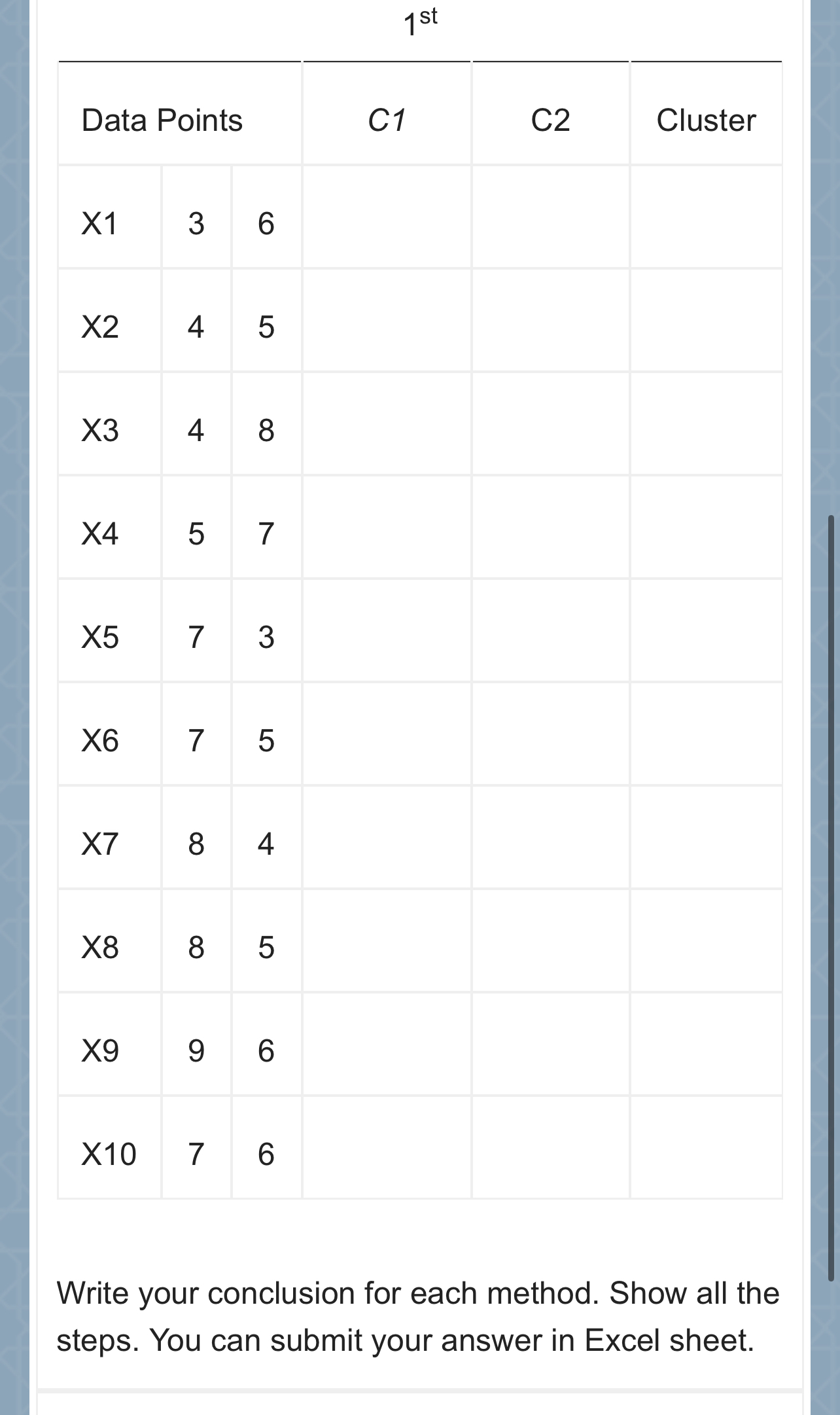  Cluster the data points below into two cluster. One by using