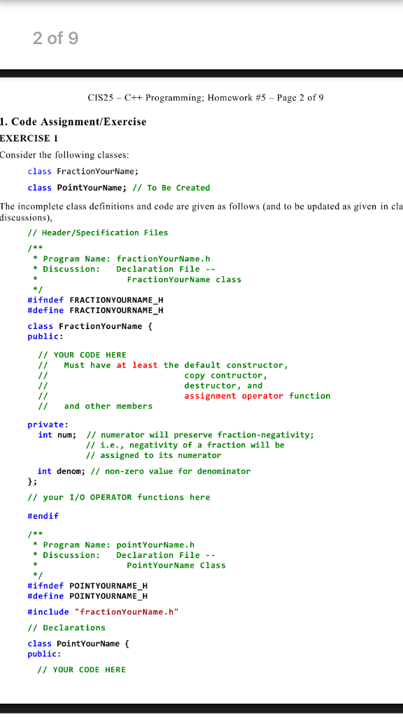 assignment. NOTES: 1. I have a classFraction and a classPoint already settled