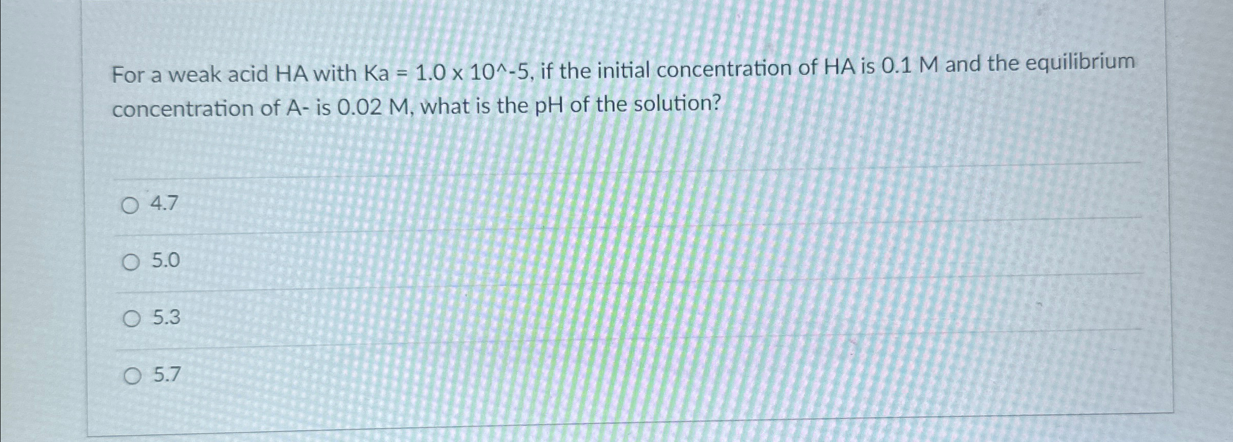  For a weak acid HA with Ka=1.010-5, if the initial concentration