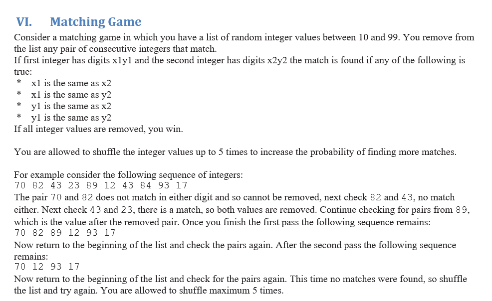 Write a Java program that simulates a matching game with the instructions