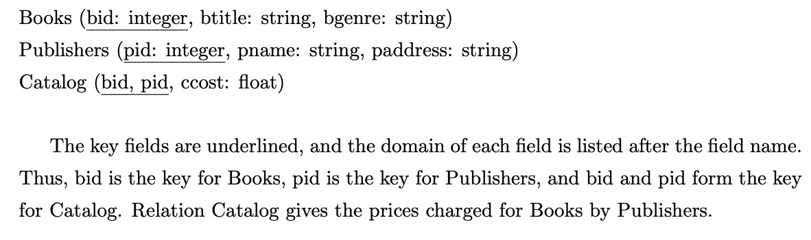  Books (bid: integer, btitle: string, bgenre: string) Publishers (pid: integer, pname: