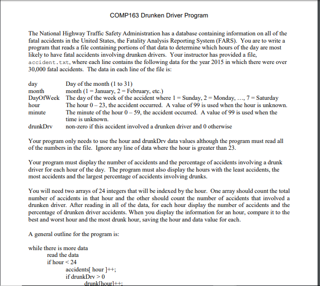 Here is the accident.txt: https://www.dropbox.com/s/pufv3iyseqd1uxs/accident.txt?dl=0 COMP163 Drunken Driver Program The National Highway
