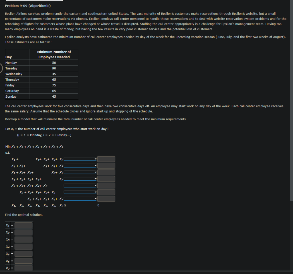 Problem 9-09 (Algorithmic) Epsilon Airlines services predominantly the eastern and southeastern