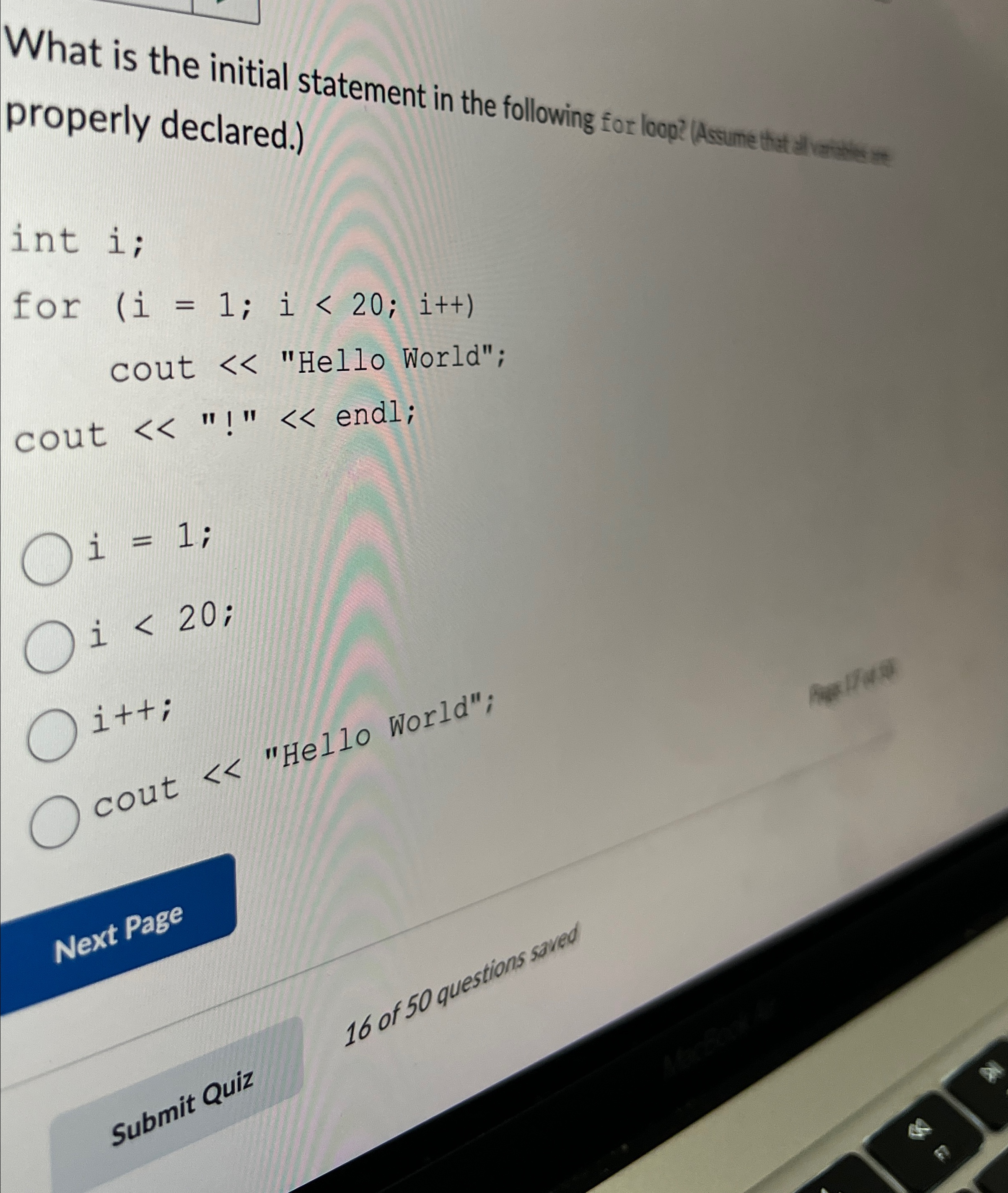  What is the initial statement in the following for loop? (Assume