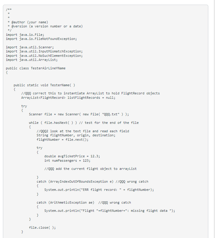 flights.txt Your client will create an arrayList of FlightRecord. Each FlightRecord object