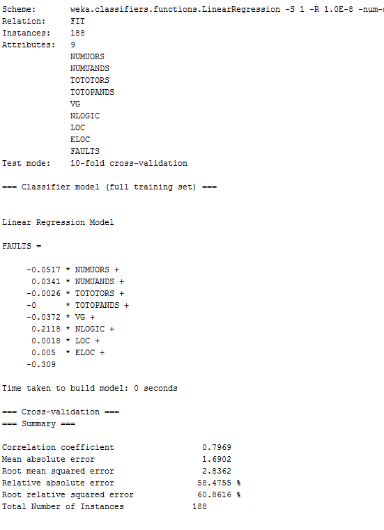 9 weka.classifiers.functions.LinearRegression -S 0 -R FIT 188 NUMUORS NUMUANDS TOTOTORS TOTOPANDS VG
