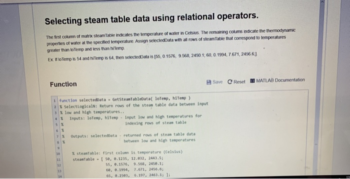  Selecting steam table data using relational operators. The first column of