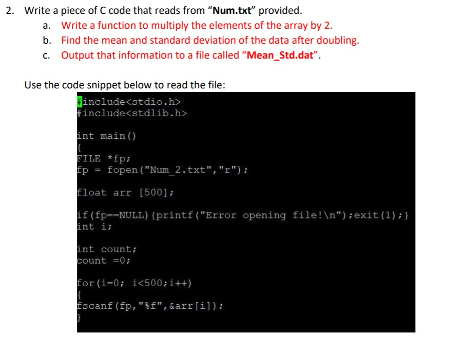 2. Write a piece of C code that reads from Num.txt