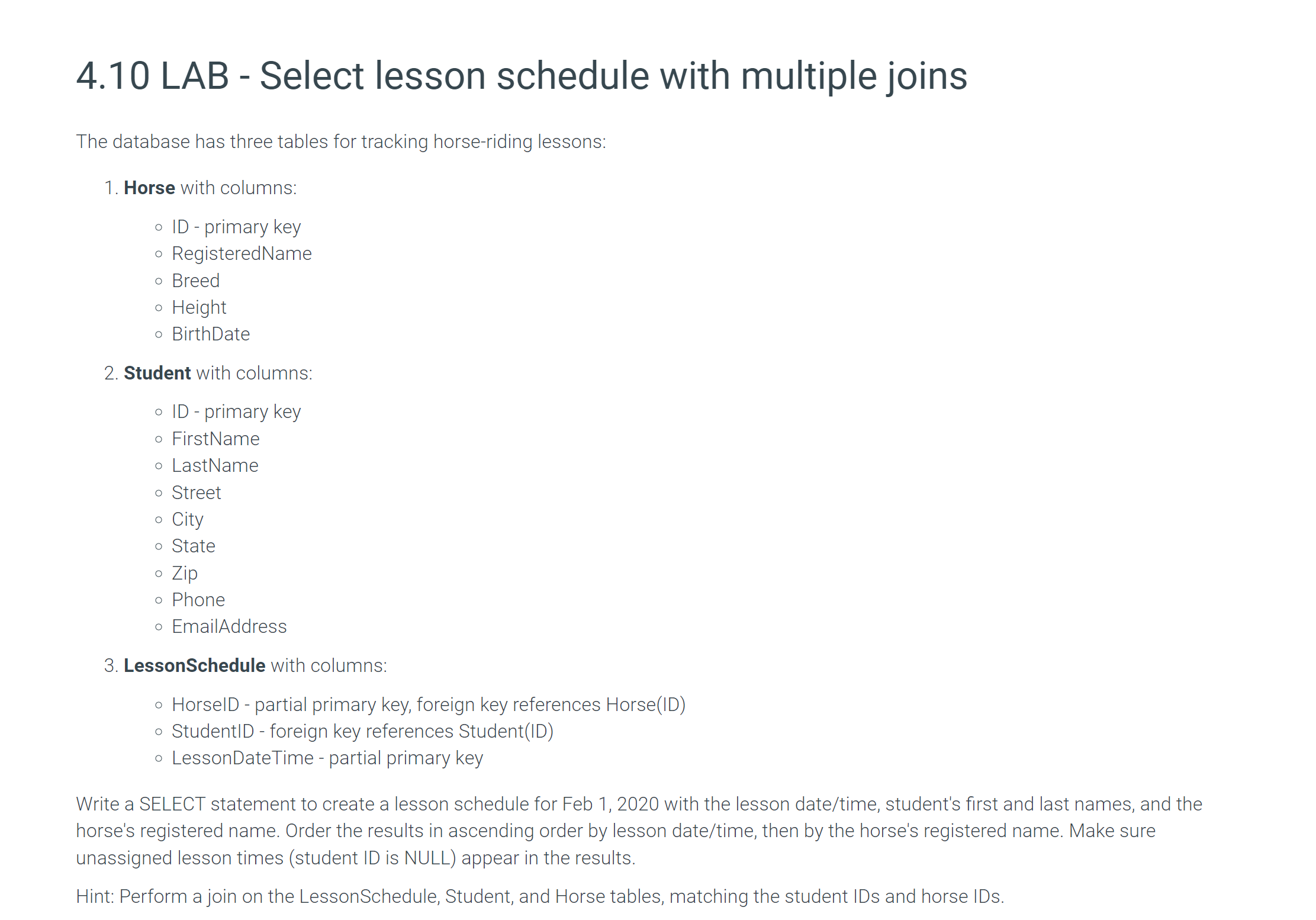  4.10 LAB - Select lesson schedule with multiple joins The database
