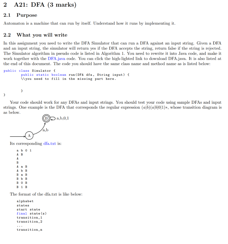  Algorithm 1 DFA.java /** * DFA format: alphabet states start state