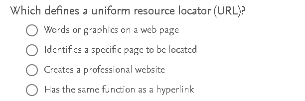  Which defines a uniform resource locator (URL)? Words or graphics on