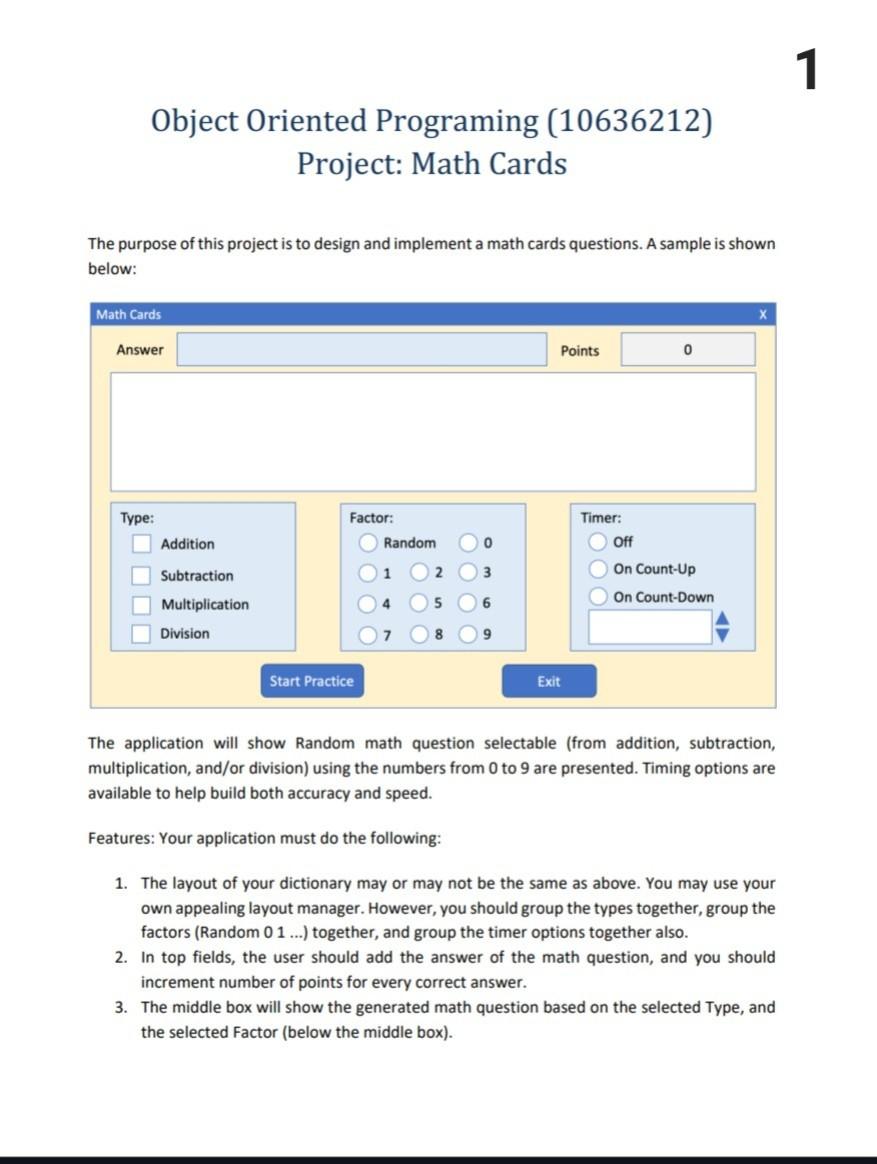 slove the project .. Object Oriented Programing (10636212) Project: Math Cards The