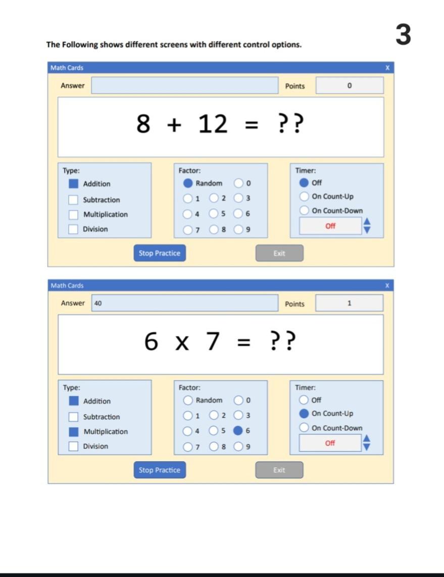 questions. A sample is shown below: The application will show Random math