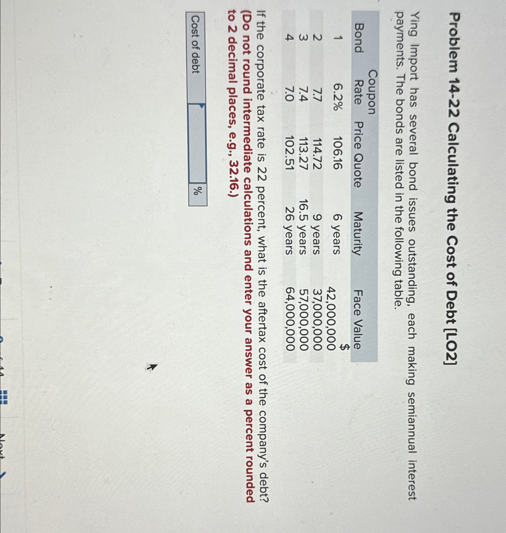  Problem 14-22 Calculating the Cost of Debt [LO2] Ying Import has
