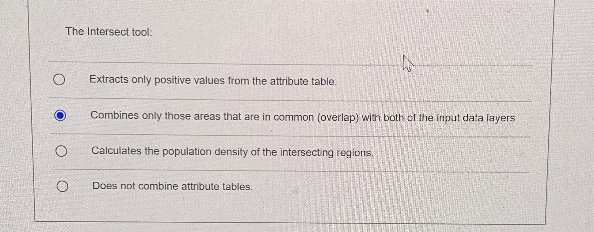 The Intersect tool: Extracts only positive values from the attribute table.
