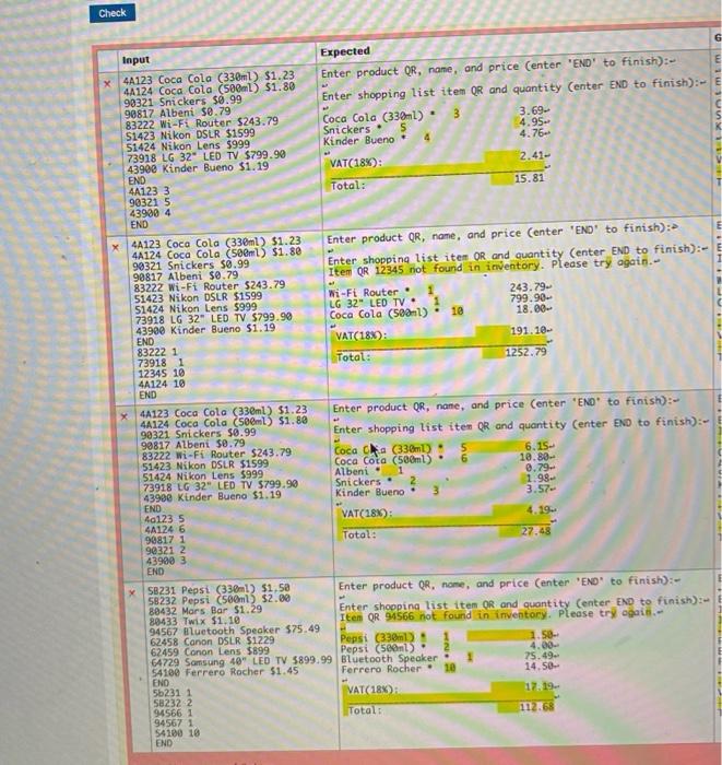 provided Chock Expected Enter product QR, nane, and price (enter 'END' to