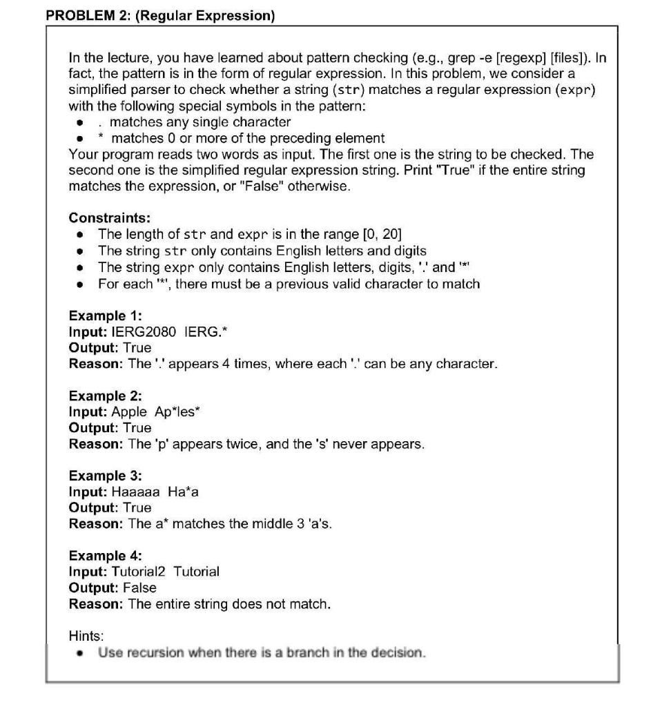 help ROBLEM 2: (Regular Expression) In the lecture, you have learned