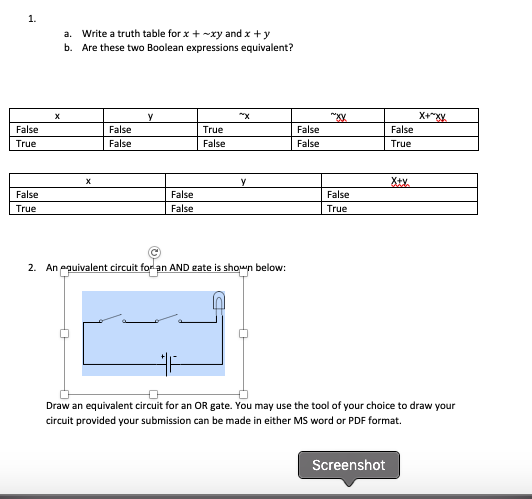 show work 1. a. Write a truth table forxxy and x b.