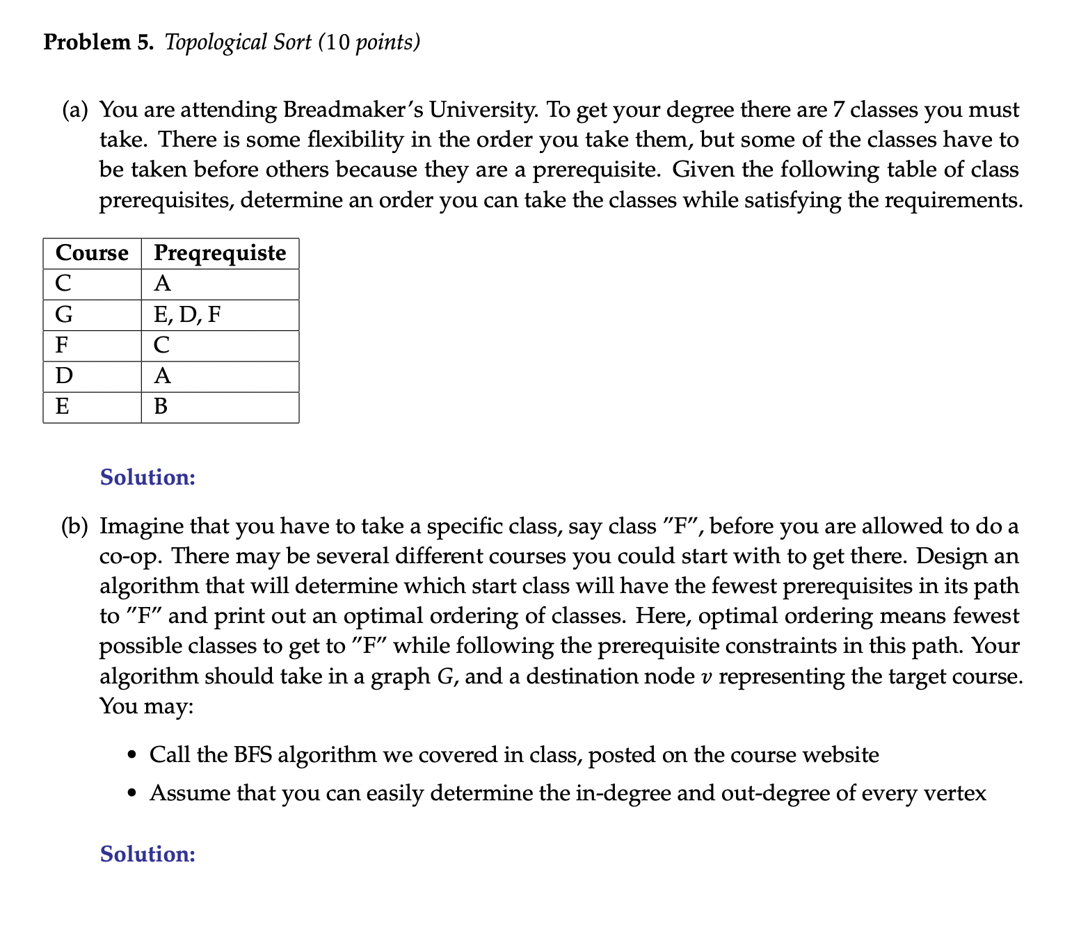  Problem 5. Topological Sort (10 points) (a) You are attending Breadmaker's