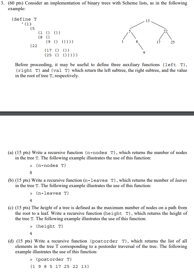 3. (60 pts) Consider an implementation of binary trees with Scheme