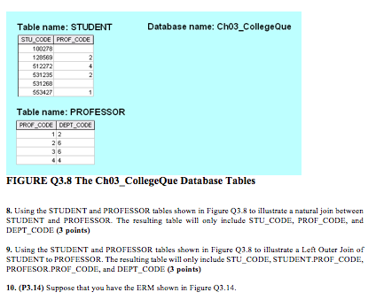  Table name: STUDENT Database name: Ch03_CollegeQue STU O PROF COD CODE