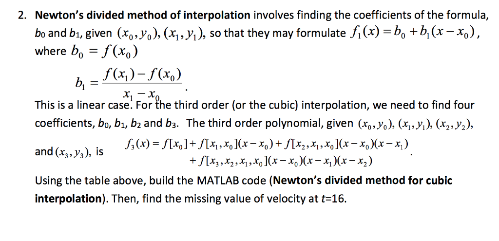 USE MATLAB Newton's divided method of interpolation involves finding the coefficients of