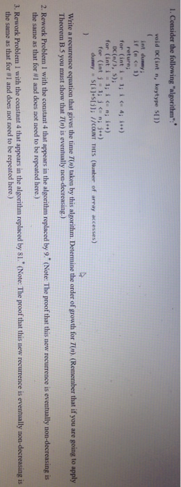  l. Consider the following "algorithm void DC (int n, keytype S11)