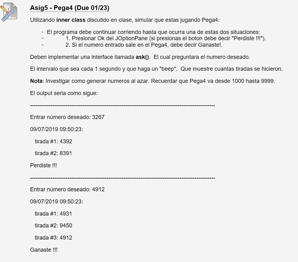  Using inner class, simulate a lottery game("pega4"): The program must keep
