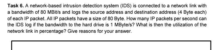  Task 6. A network-based intrusion detection system (IDS) is connected to