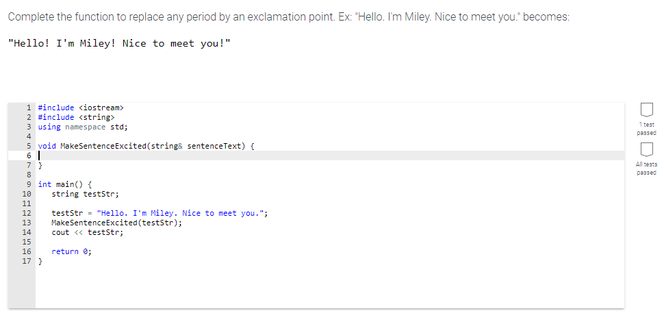 C++ Complete the function to replace any period by an exclamation