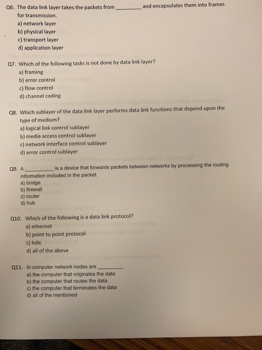 and encapsulates them into frames Q6. The data link layer takes