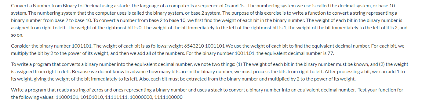 C++ Convert a Number from Binary to Decimal using a stack: The