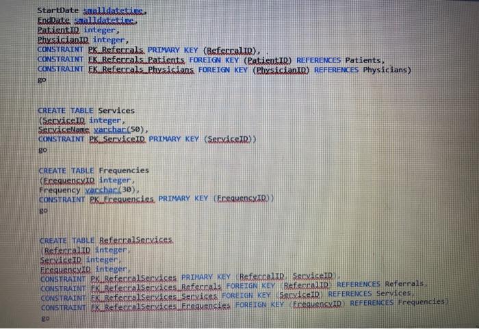 CREATE TABLE PhysicianSpecialties (Specialty integer, Sascialtxams, varchar(5e), CONSTRAINT PK PhysicianSpecialties. PRIMARY KEY