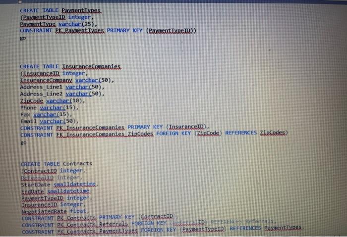 (SpecialtyID)) go CREATE TABLE ZipCodes. (Zipcode xarchar(10), City archar(5e), State varchar(2), CONSTRAINT