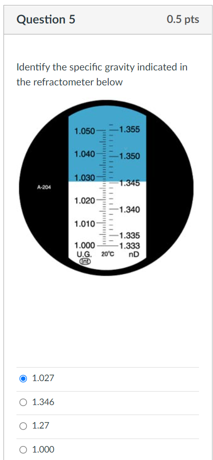  help Identify the specific gravity indicated in the refractometer below 1.027