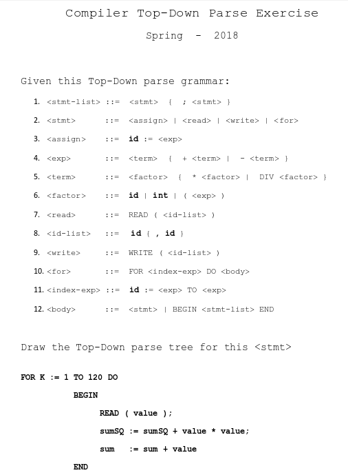 Compiler Top- Down Parse Exercise Spring - 2018 Given this Top-Down